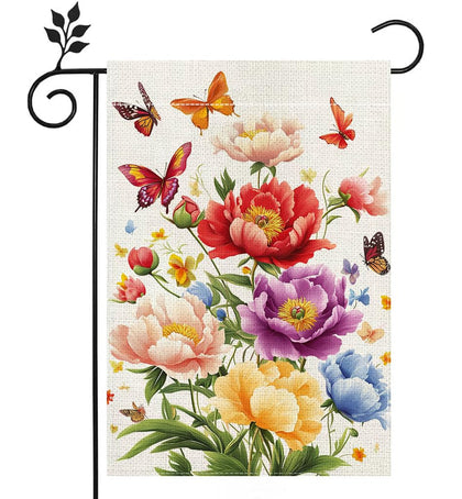 Hsrvivi spring peonies and butterfly flag showcases vibrant colors for welcoming guests to your yard.