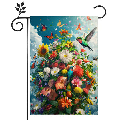 The Hsrvivi flag features a hummingbird and sunflowers for year-round outdoor decor.