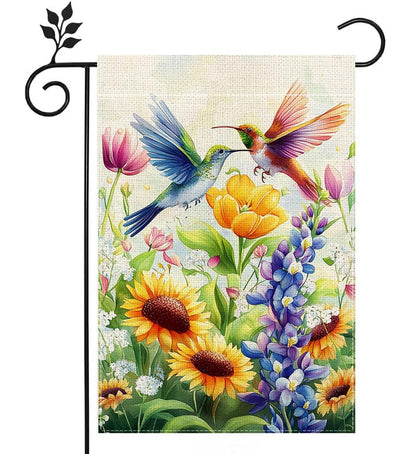 Hsrvivi garden flag on full display, vibrant hummingbirds invite year-round curb appeal.