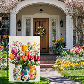 Hsrvivi tulip mason jar flag close-up highlights vibrant florals for porch décor.