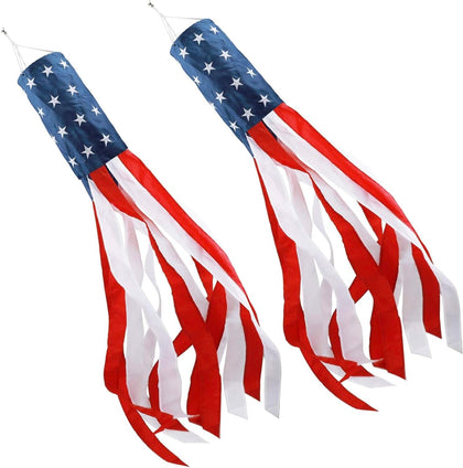 HSTENXY American flag windsock set-2 40 inch shows vibrant red-and-white stripes fluttering outdoors.