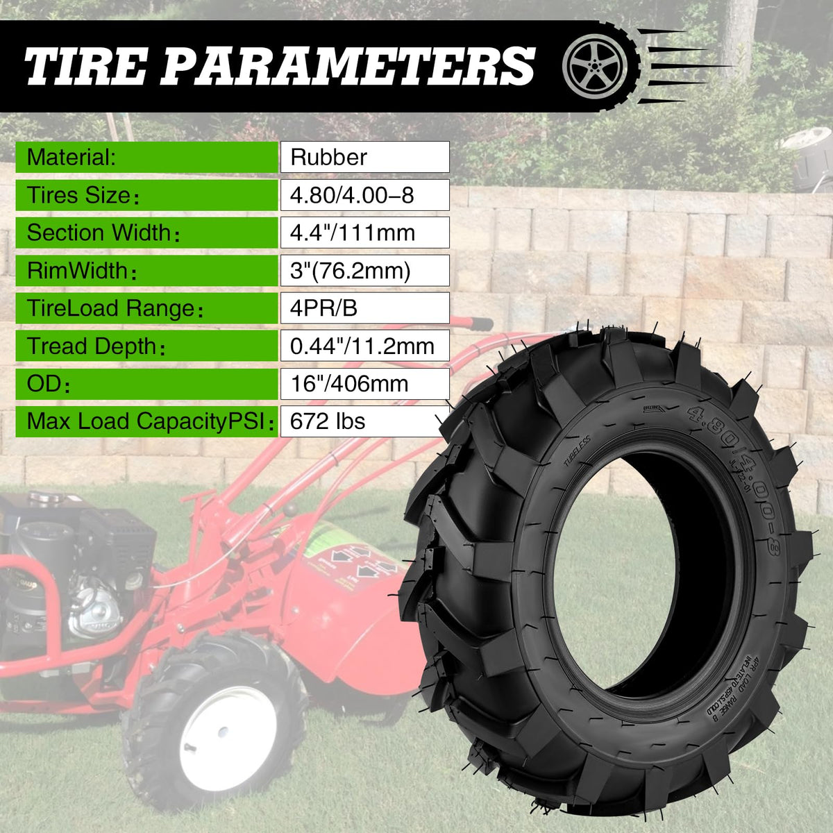 Hsupawa tiller tire tread detail highlights deep lug for grip on slopes.