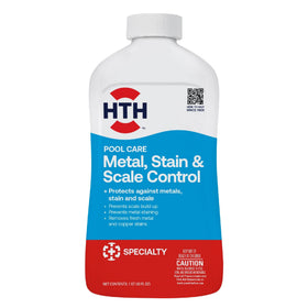 HTH Metal & Stain Defense bottle ready for pool treatment to prevent staining