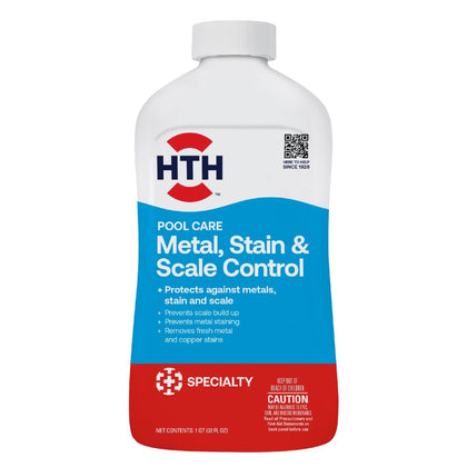 HTH Metal & Stain Defense bottle ready for pool treatment to prevent staining