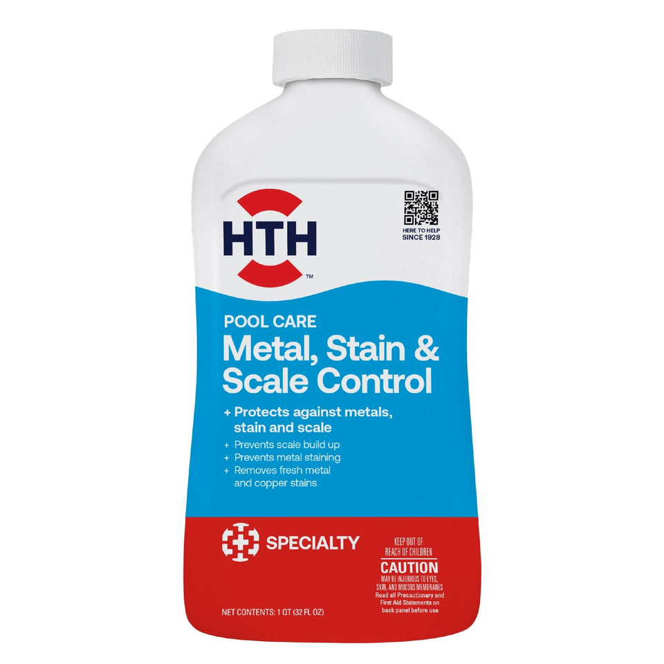 HTH Metal & Stain Defense bottle ready for pool treatment to prevent staining