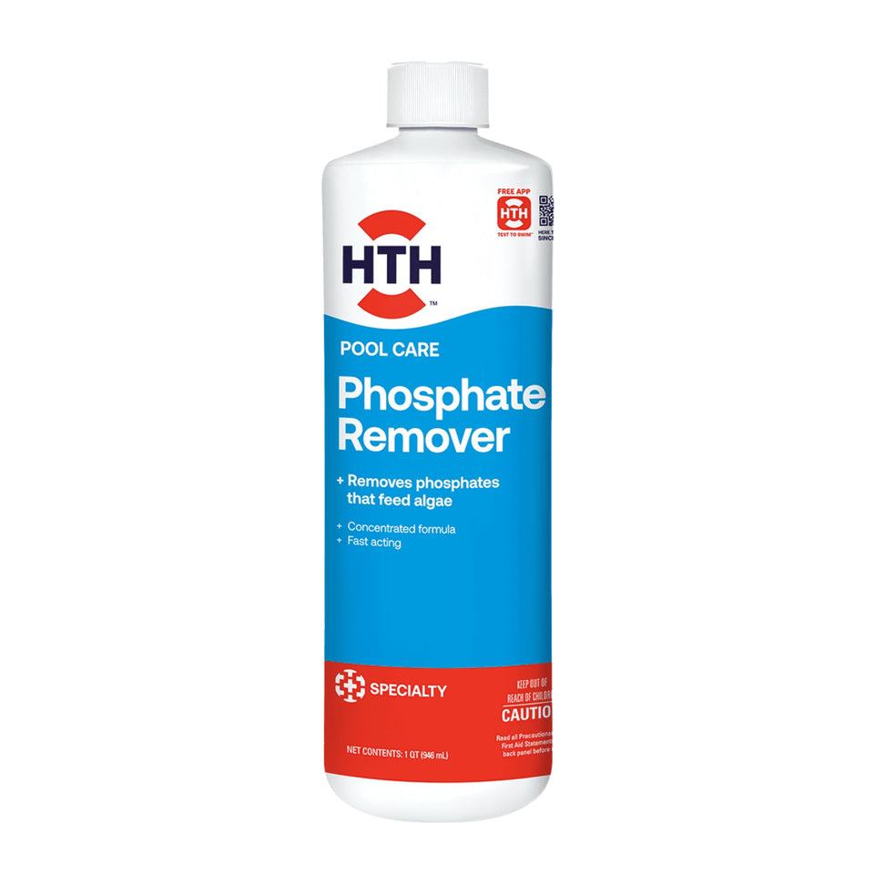 HTH Phosphate Remover bottle closeup for fast-acting pool treatment