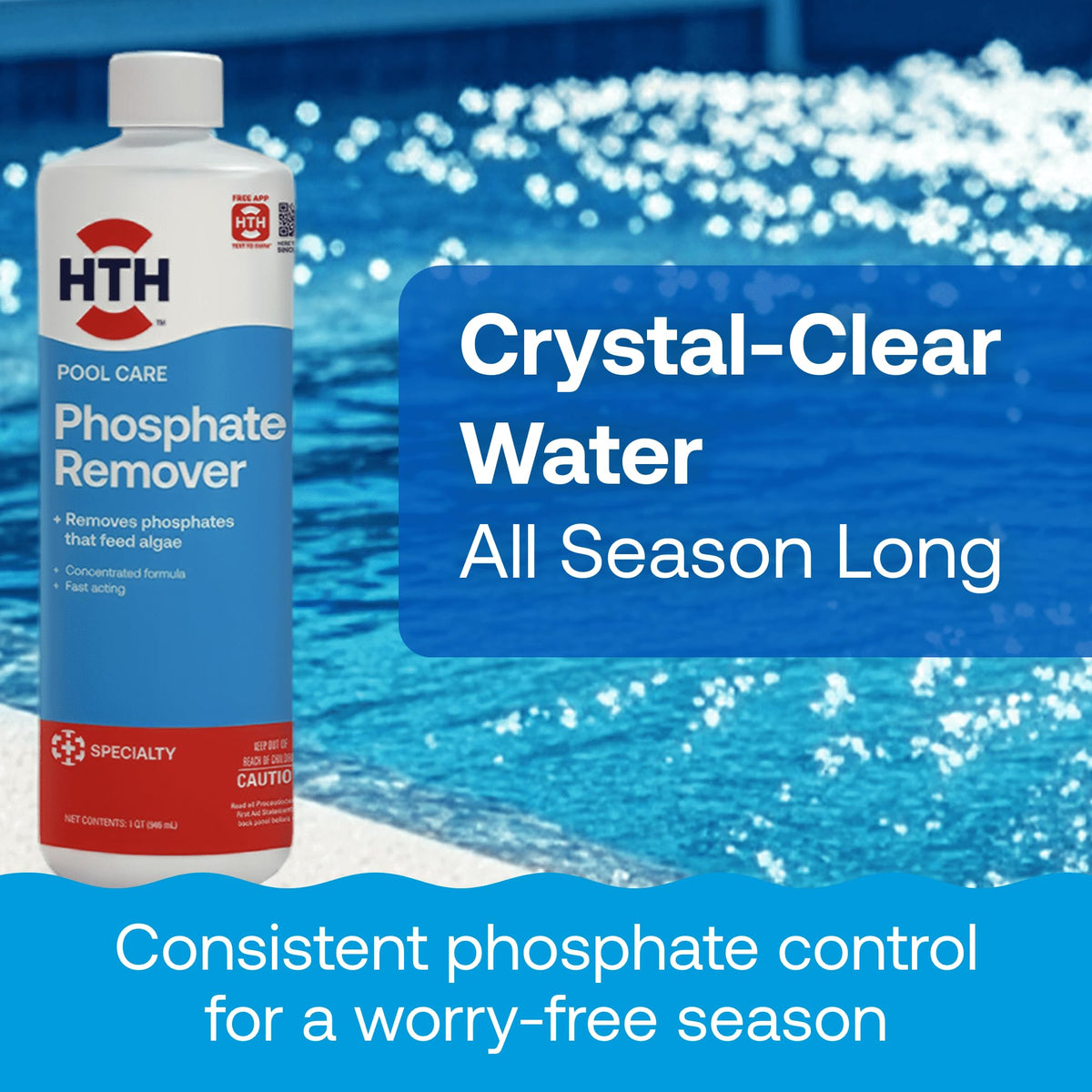 Pouring HTH Phosphate Remover to show easy dosing for weekly maintenance