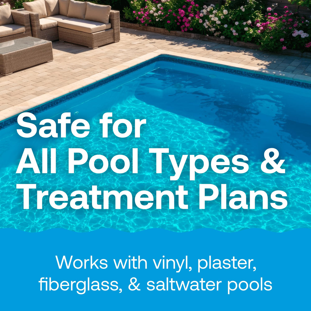 Close-up of product label detailing compatibility with all pool types