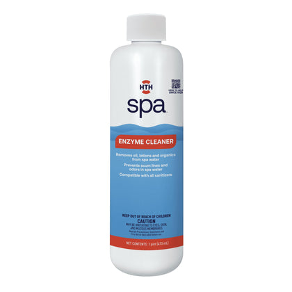 HTH Spa Enzyme Cleaner bottle pour for easy dosing and cleaning.