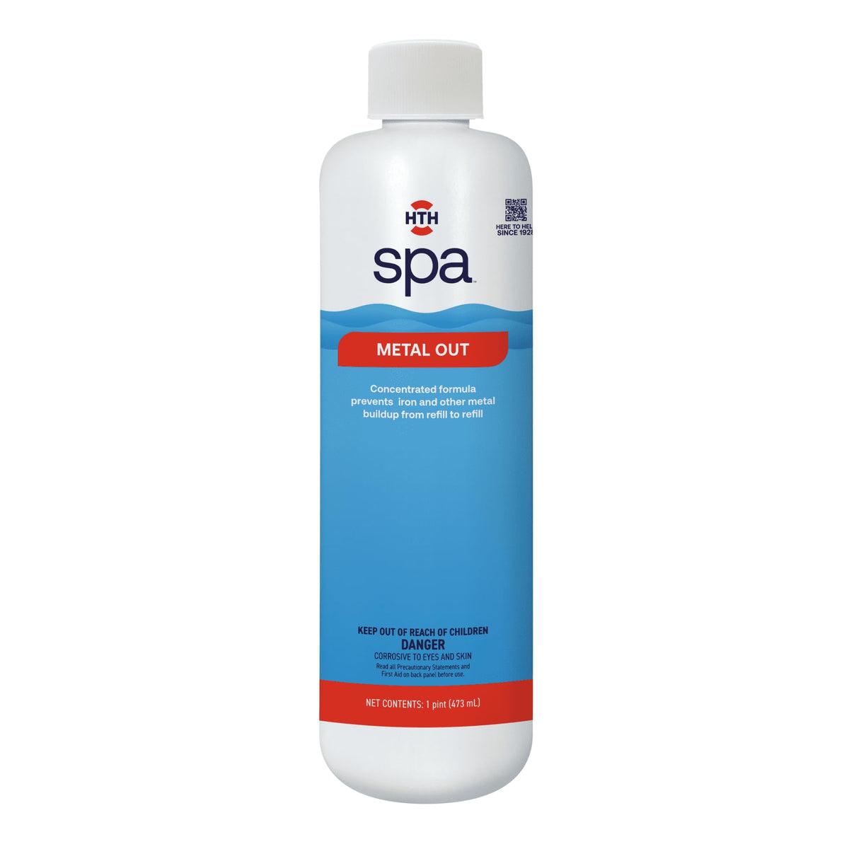 HTH Spa Metal Out bottle with pour spout for easy start-up dosing.