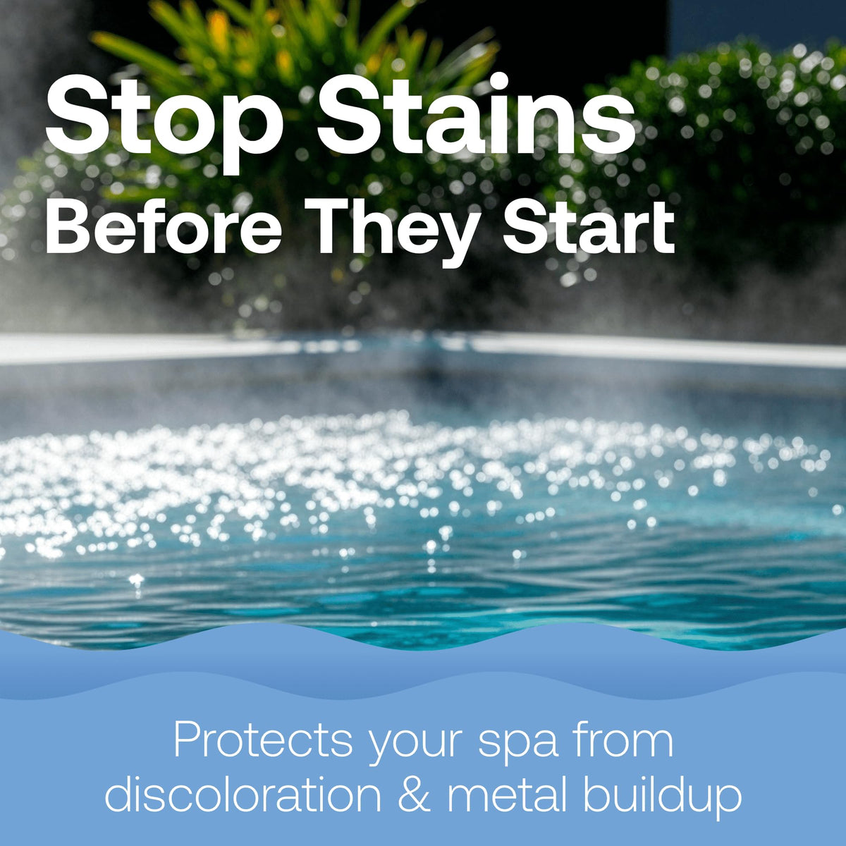 Close-up of HTH Spa Metal Out label highlighting metal removal action.