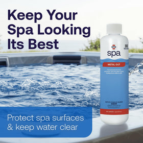 HTH Spa Metal Out bottle label shows compatibility with sanitizers.