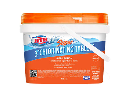 HTH Super 3-inch tablets in an 8 lb container for pool sanitization