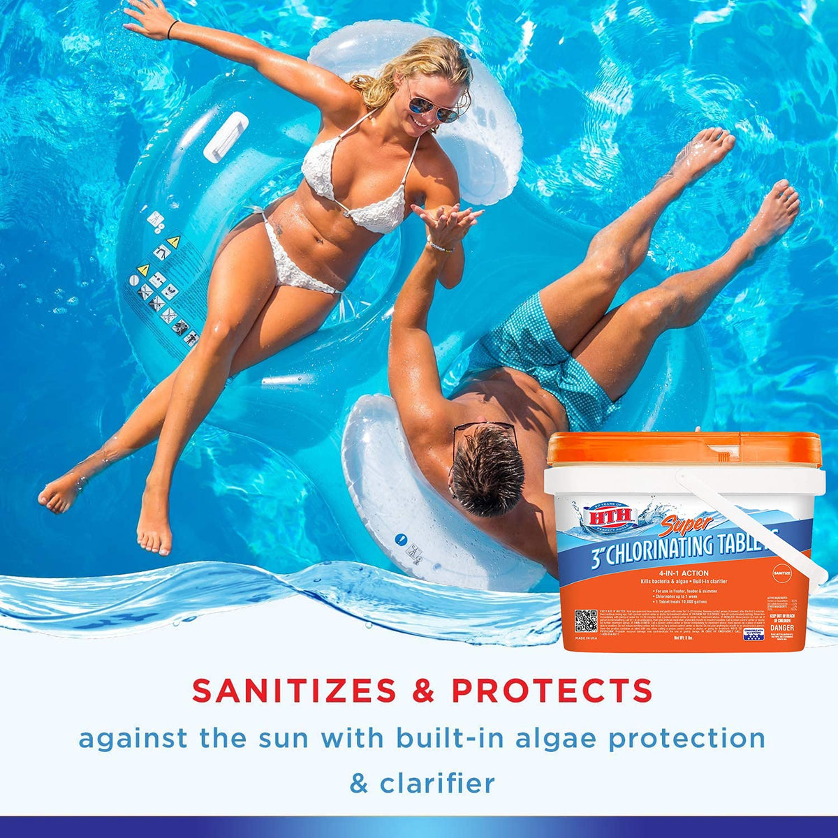 HTH tablets dispensed into pool skimmer for easy weekly treatment