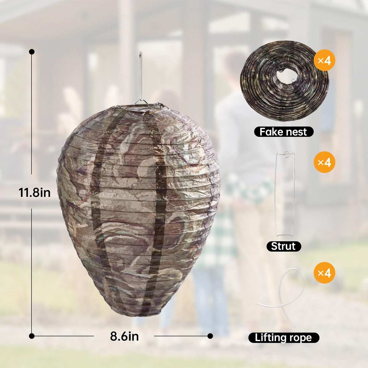 htiepf wasp nest packaging contents with four nests and hanging ropes for easy setup.