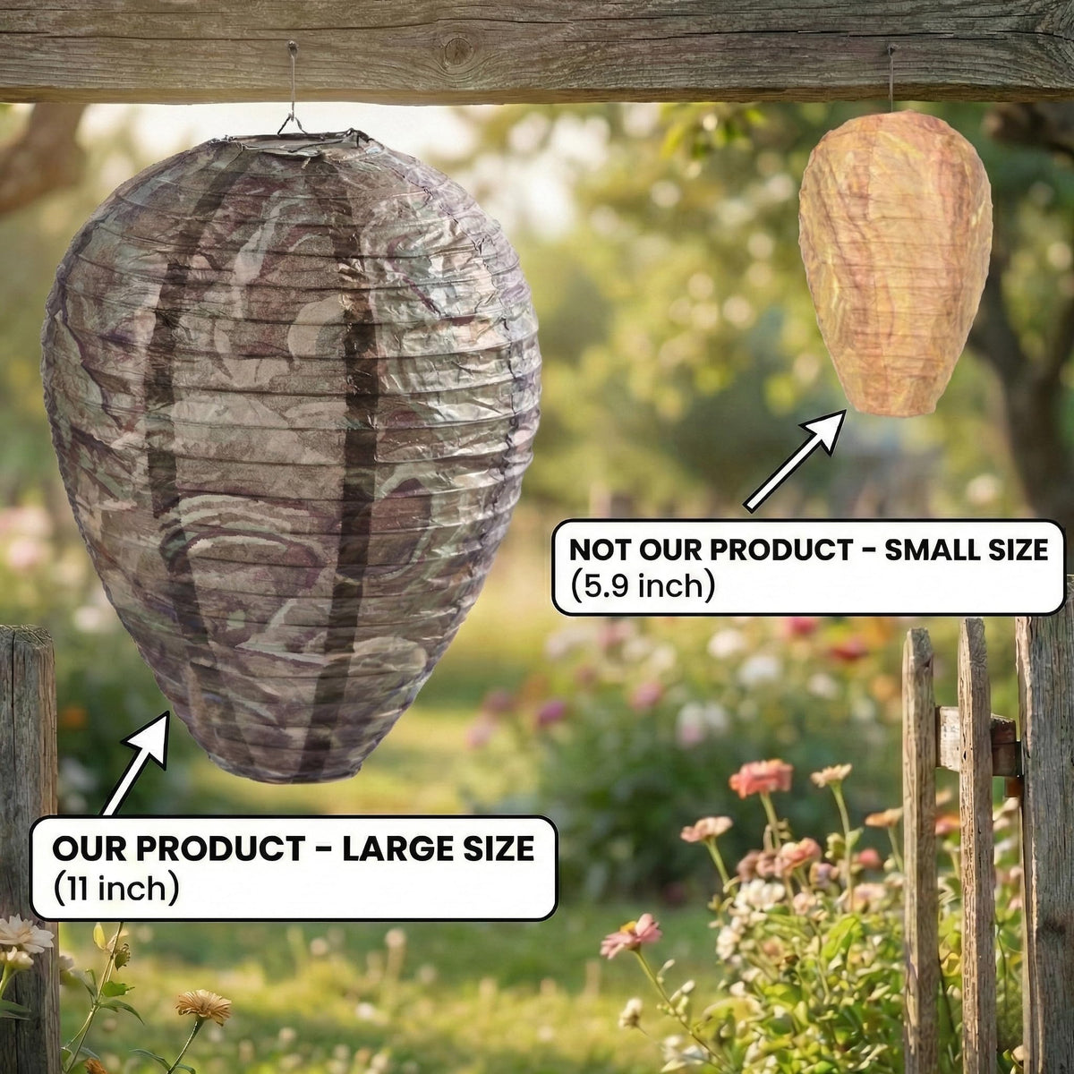 htiepf wasp nest size shown: 8.6in diameter, 11.8in height for visible accents.