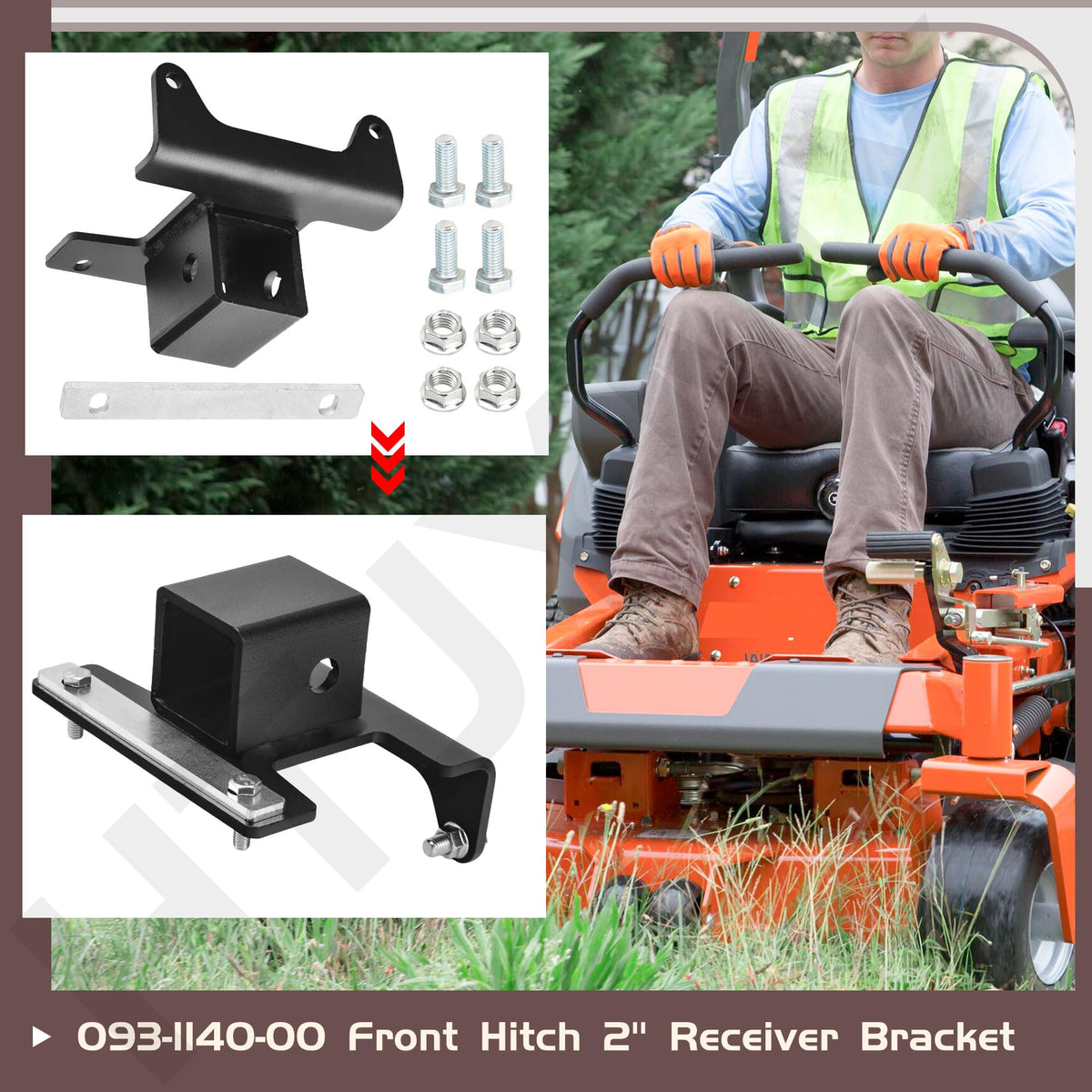 Close-up of HTJYMY bracket on mower front view for compatibility check.