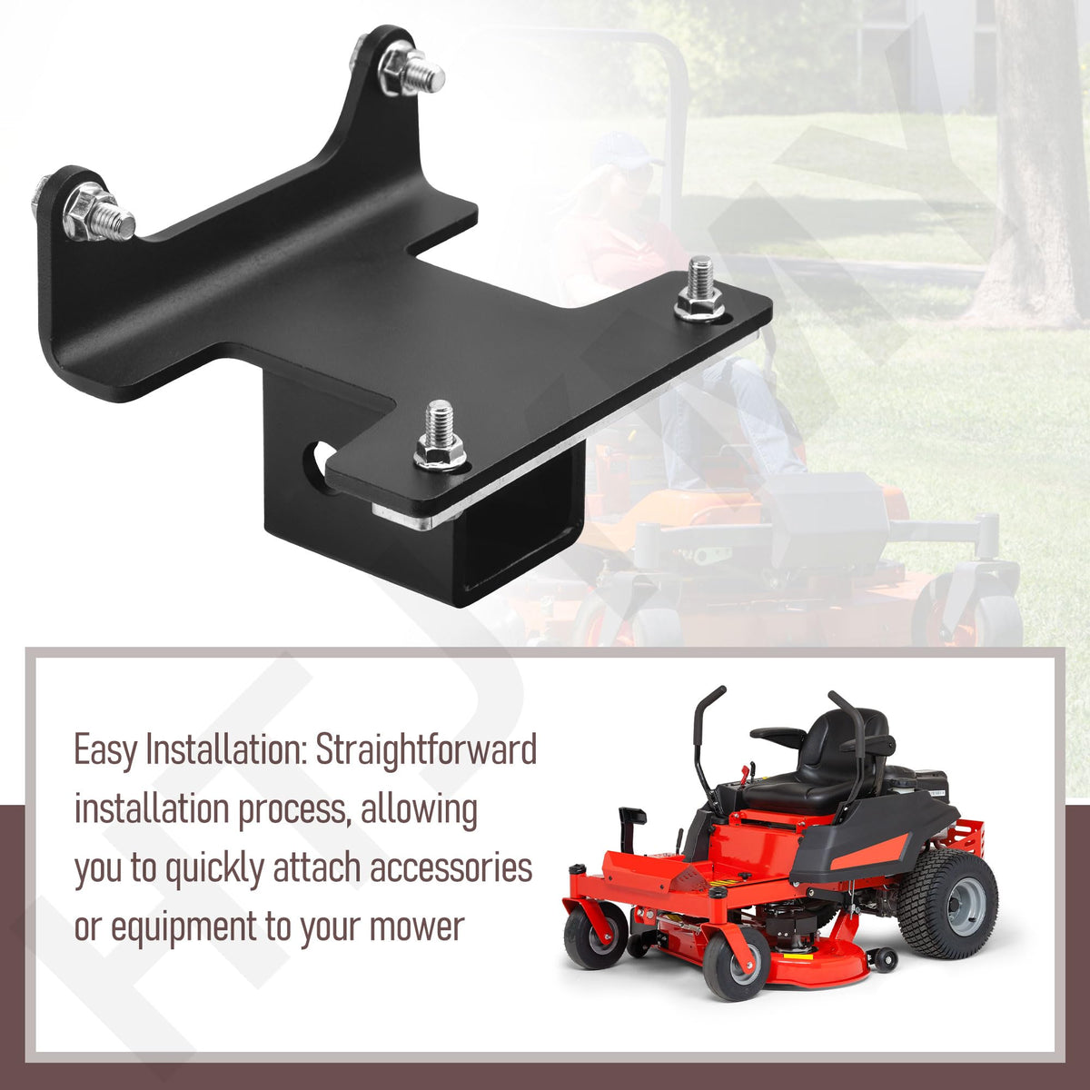 Front view of mower with bracket proving practical towing capability.