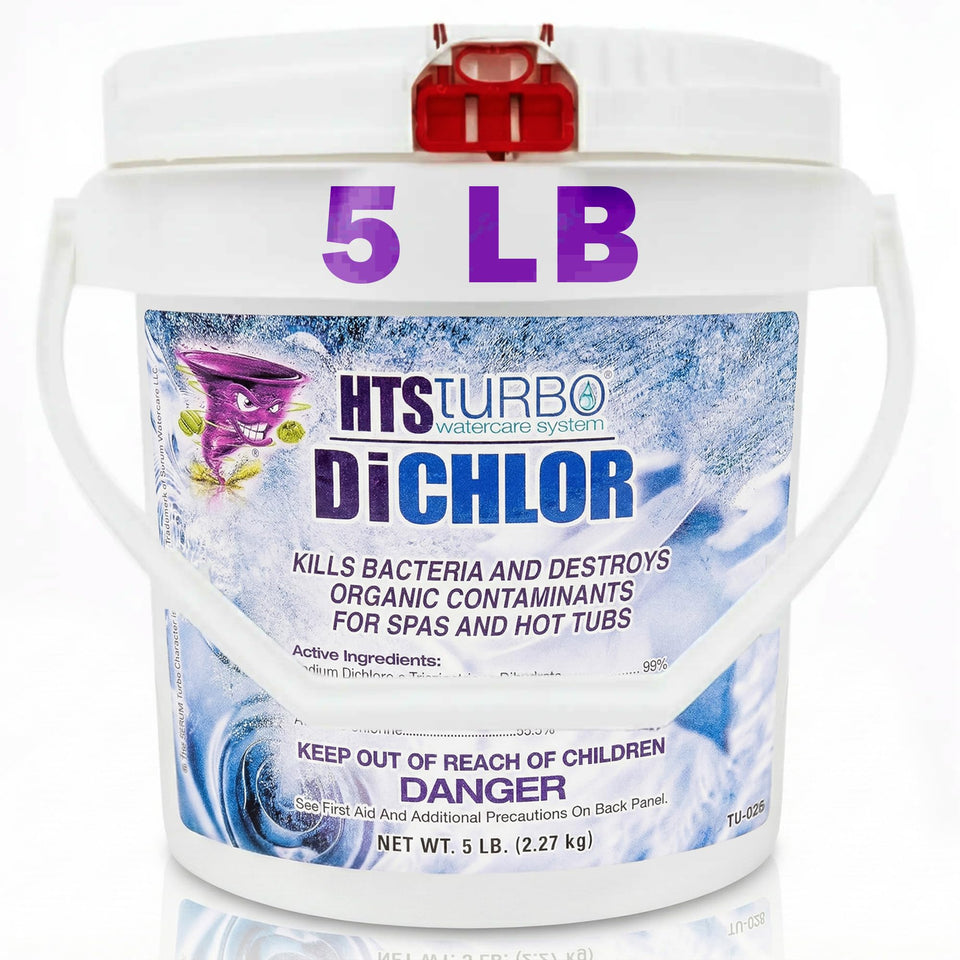 HTS Turbo chlorine granules in a 5 lb bucket ready for quick pool sanitization