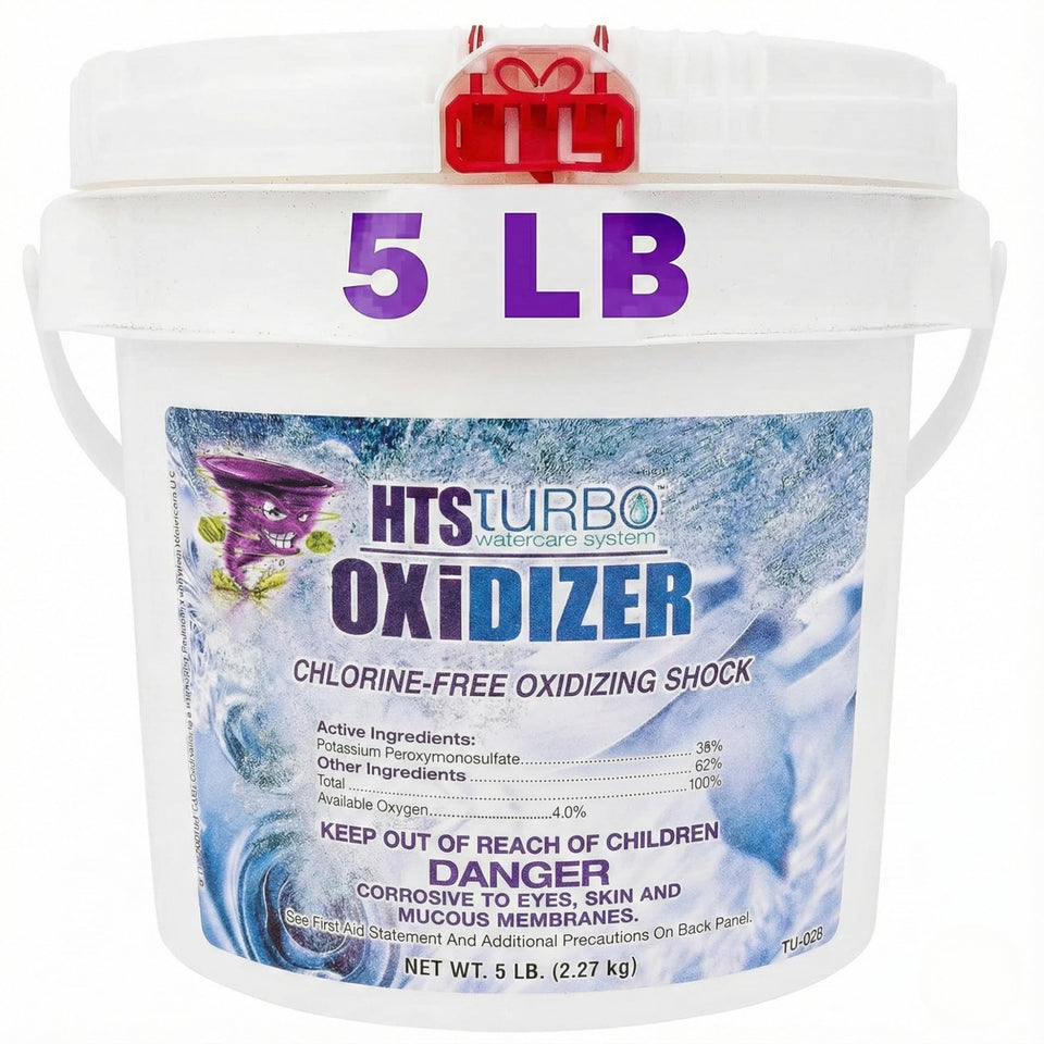 HTS Turbo Oxidizer Shock bucket—5 lb packaging for easy pool treatment.