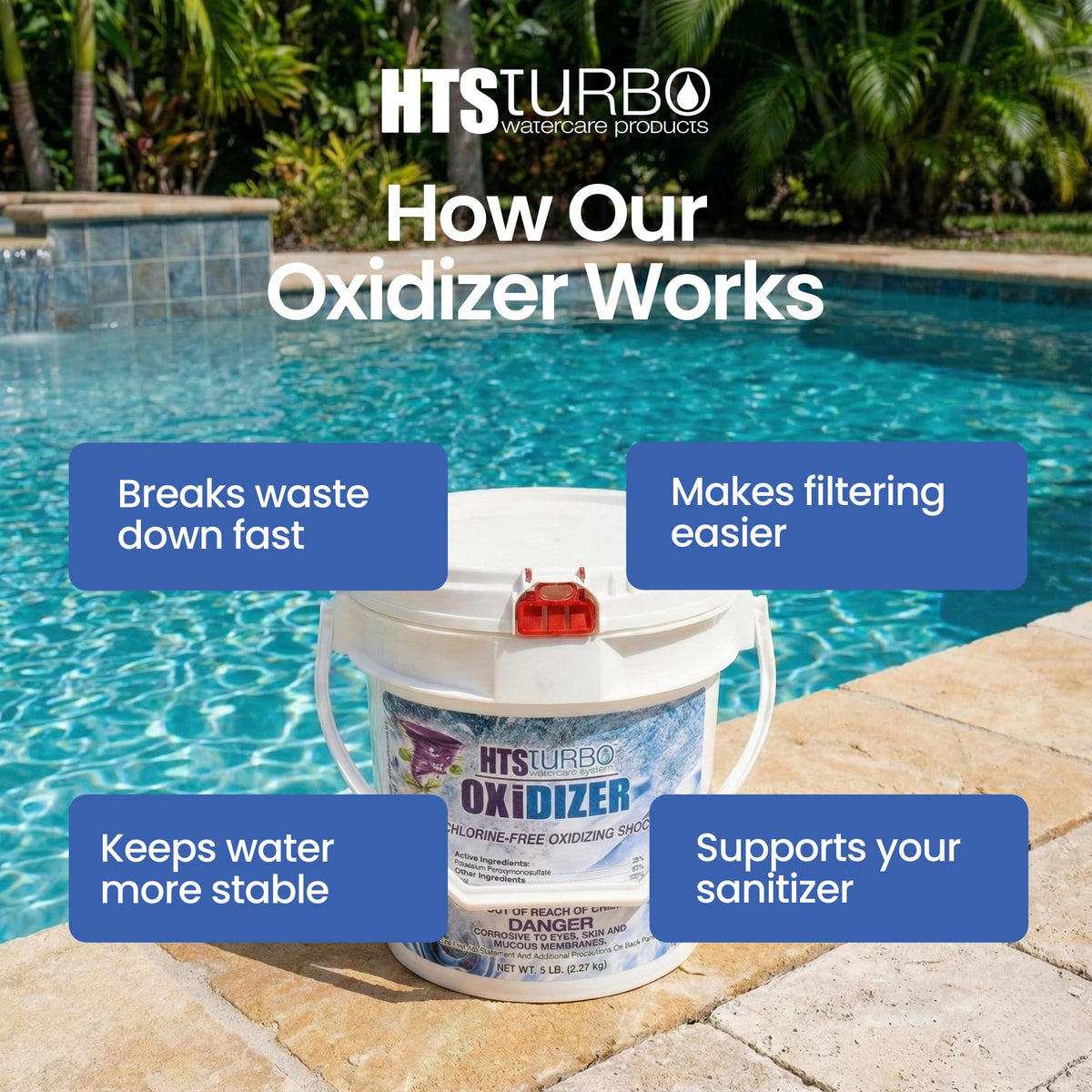 HTS Turbo Oxidizer Shock pour action—granules disperse quickly for even coverage.