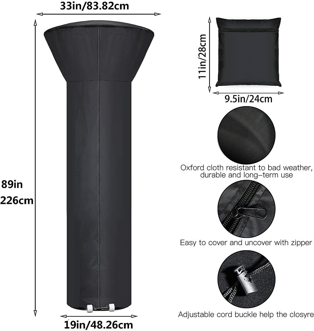 Hualedi cover in waterproof fabric shielding heater from rain and dust.