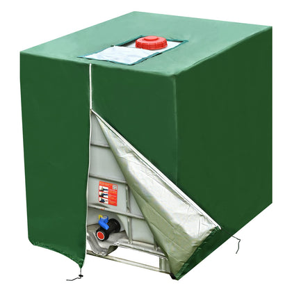 Huapate Green Zipper IBC Tote Cover front view protecting a 1000L rain barrel.
