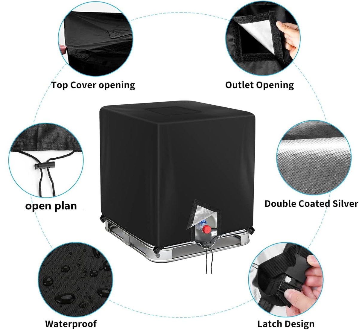 Weatherproof black tote cover protecting the tank in an outdoor setting