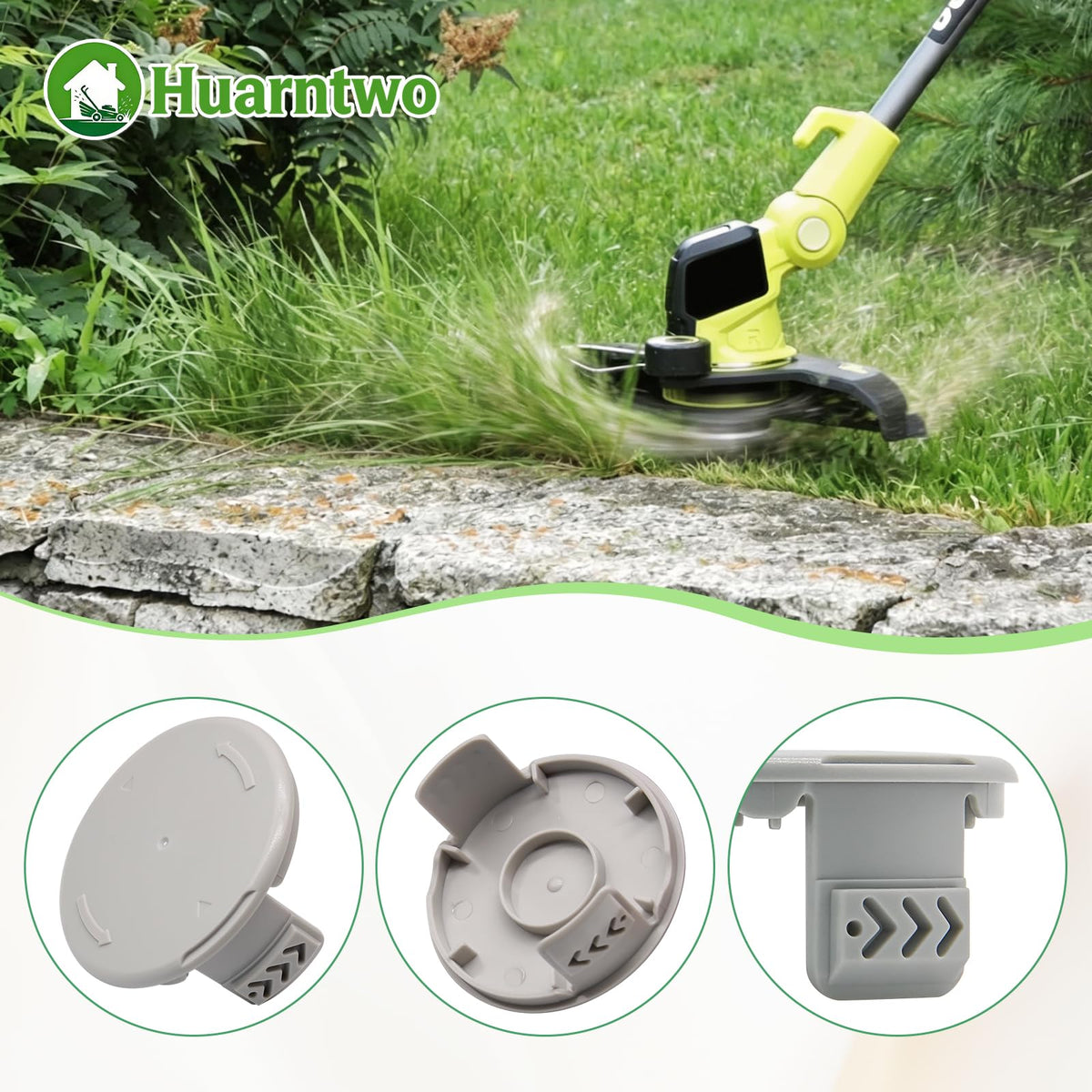 Huarntwo packaging shows spool caps and Ryobi compatibility.