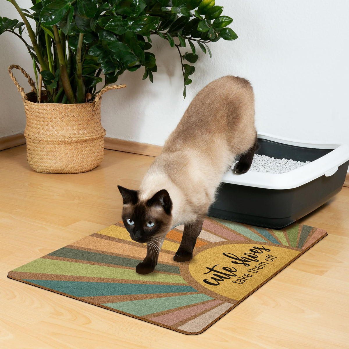 Huester Shoes Off Doormat displays colorful sunshine design welcoming guests
