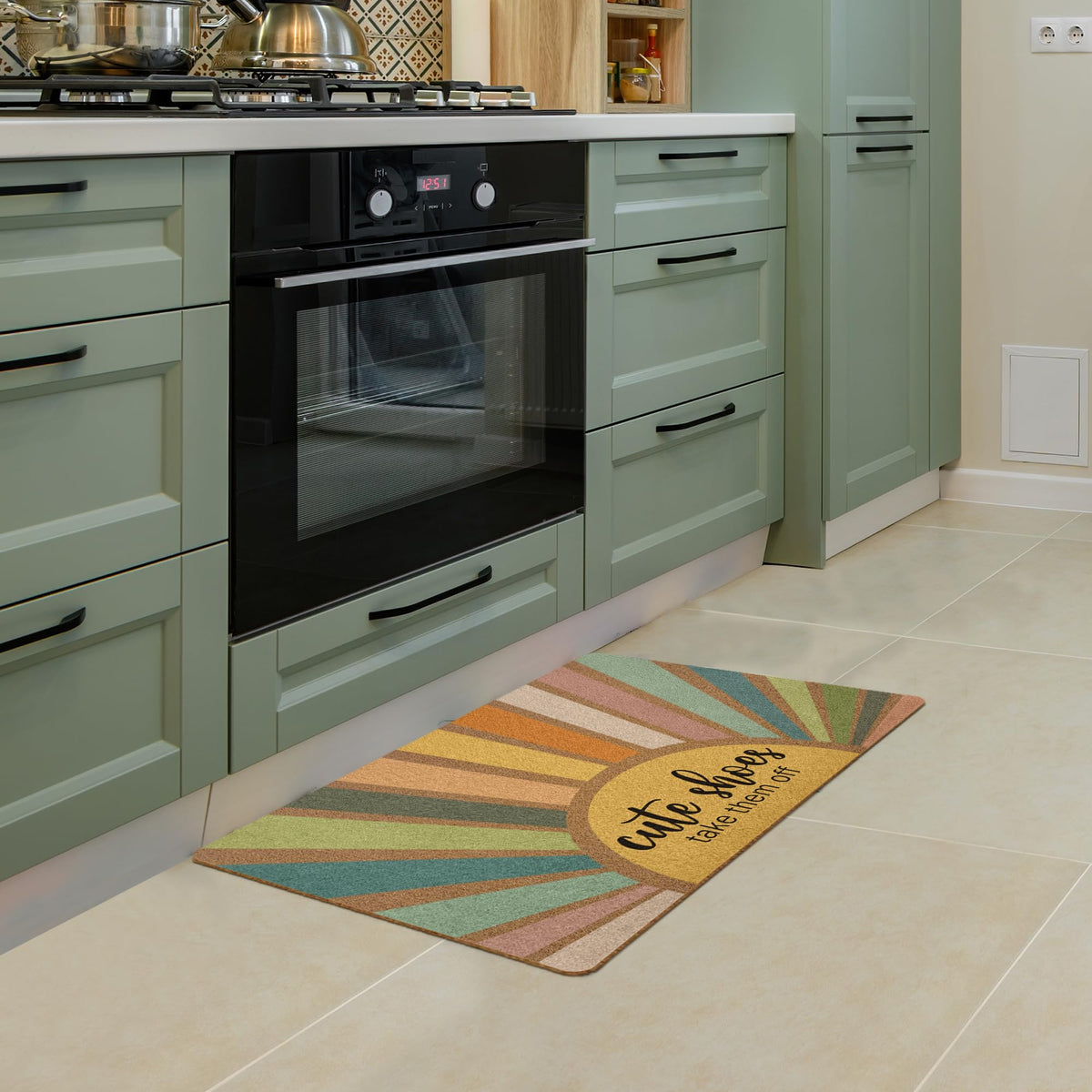 Huester Shoes Off Doormat remains flat on tile and wood floors