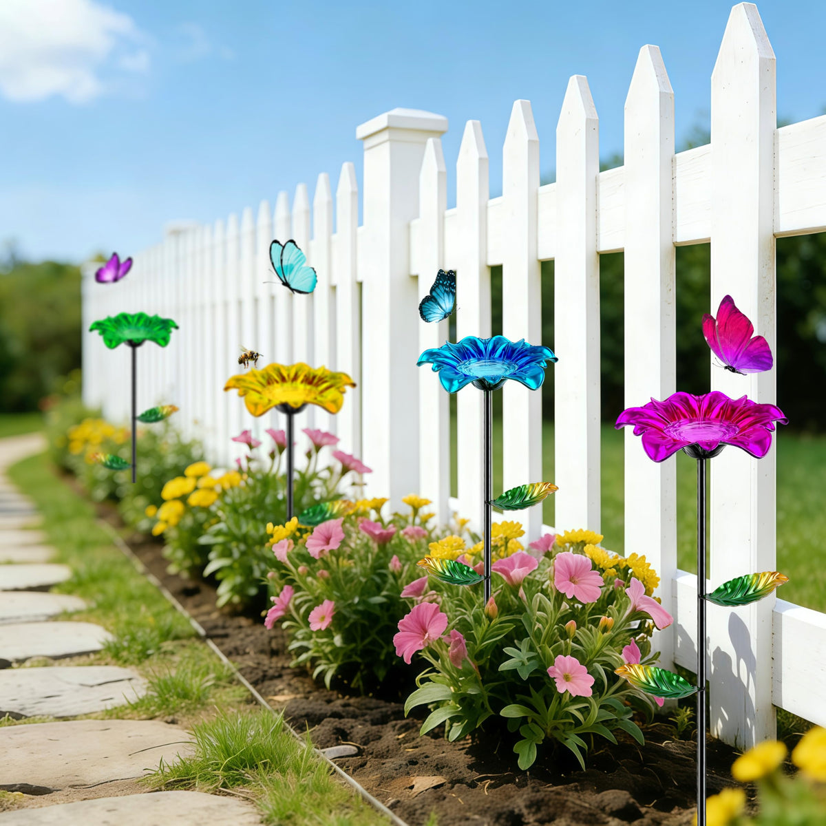 HUFAND colorful garden decor and pollinator feeder in a lush yard