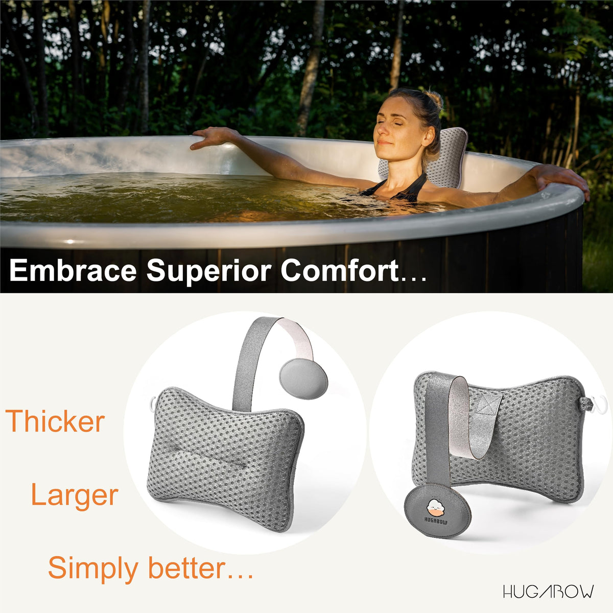 HUGABOW large pillow side view in use shows universal fit across tub designs