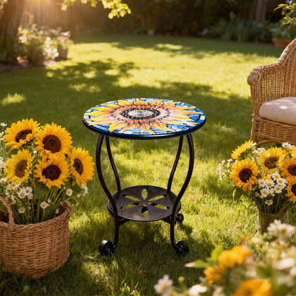 HugCoz outdoor side table with sunflowers mosaic for patio decor and convenient drinks.
