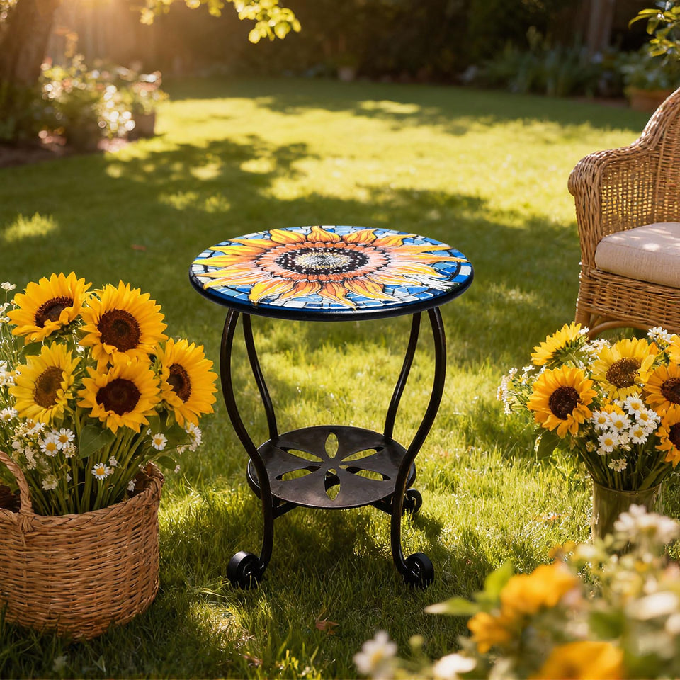 HugCoz outdoor side table with sunflowers mosaic for patio decor and convenient drinks.