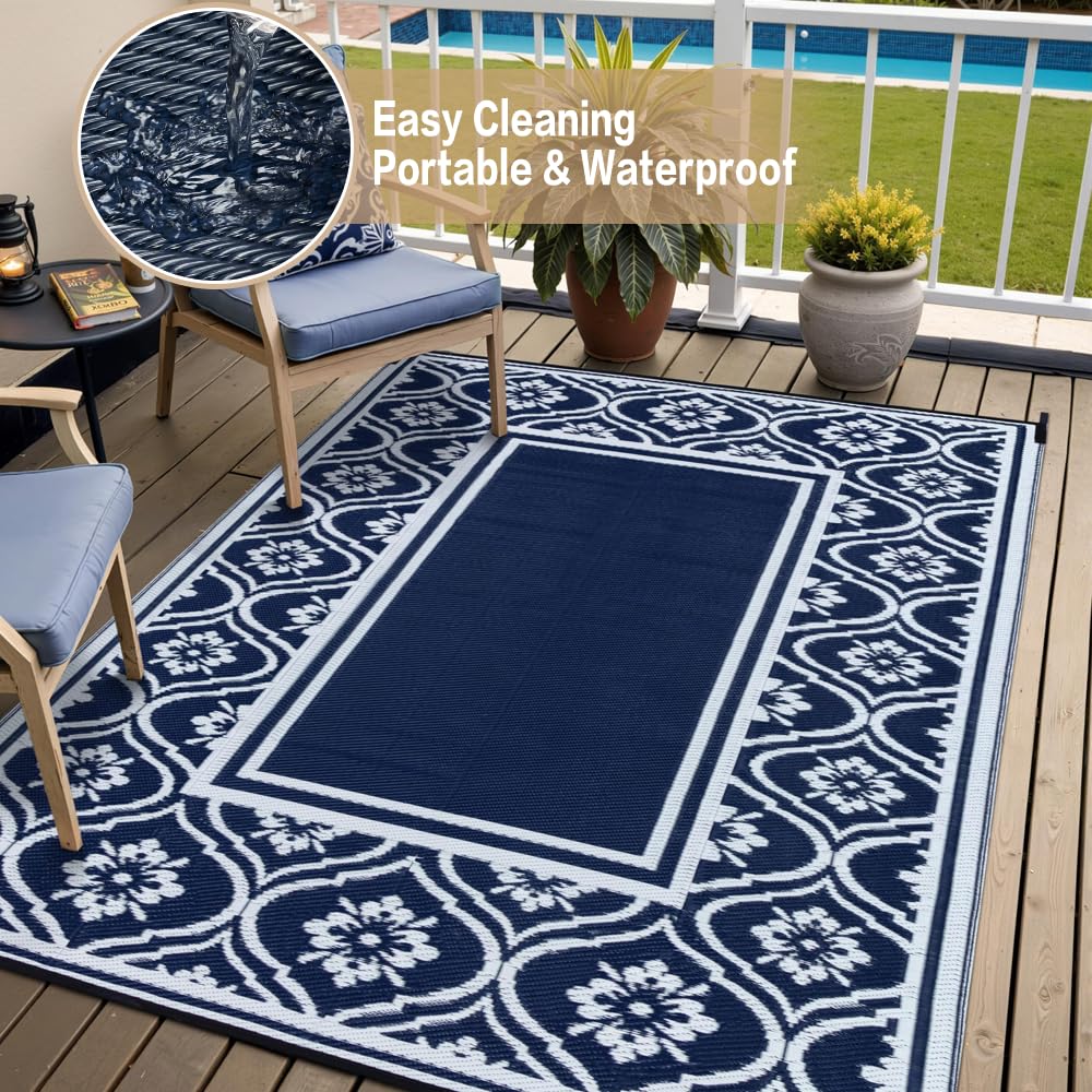 HUGEAR boho-pattern rug adds style without harming grass or deck surfaces.