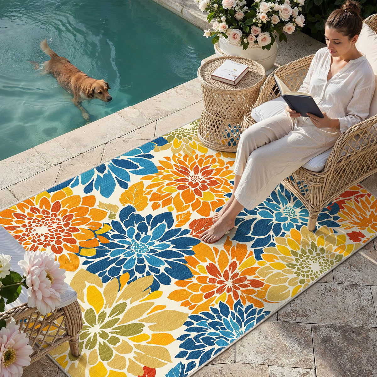 HUGEAR floral textured weave 4x6 rug for outdoor patio, durable and weather-ready.
