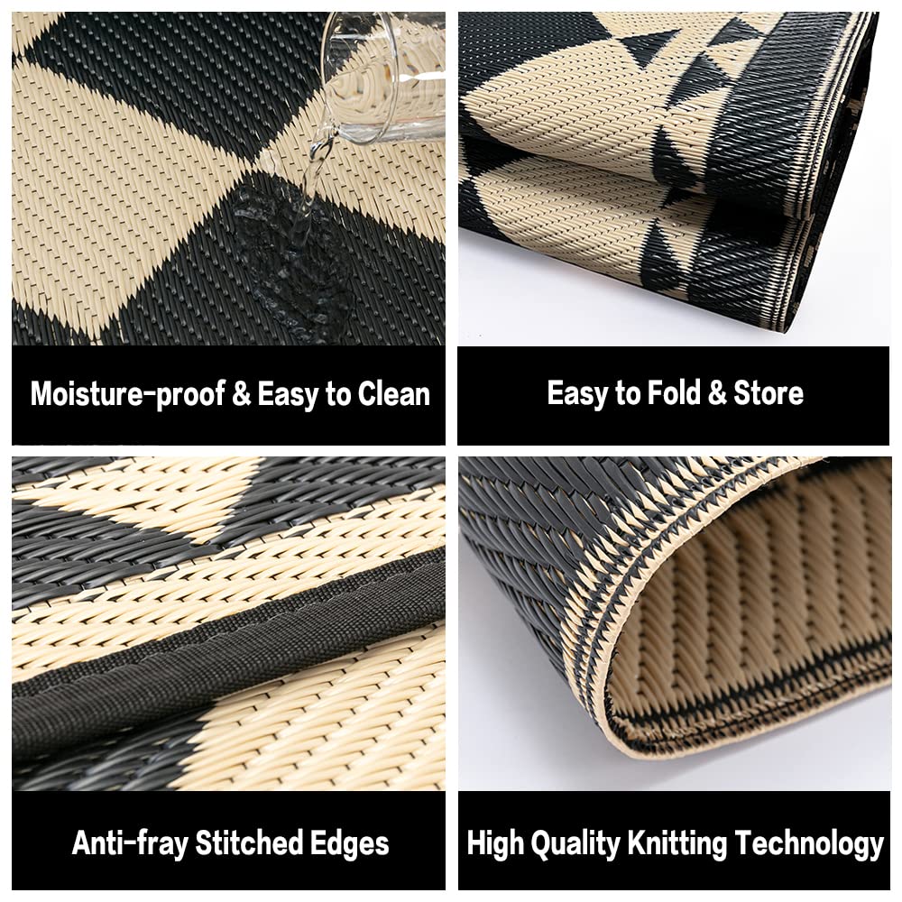 HUGEAR beige-plaid multiuse rug for decks, patios, beaches, and picnics.