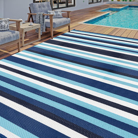 HUGEAR outdoor rug stripe blue/white, ideal for patios and decks, versatile year-round use.