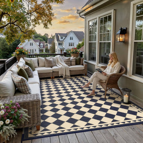 HUGEAR outdoor rug beige plaid for patios and decks, stylish and functional.