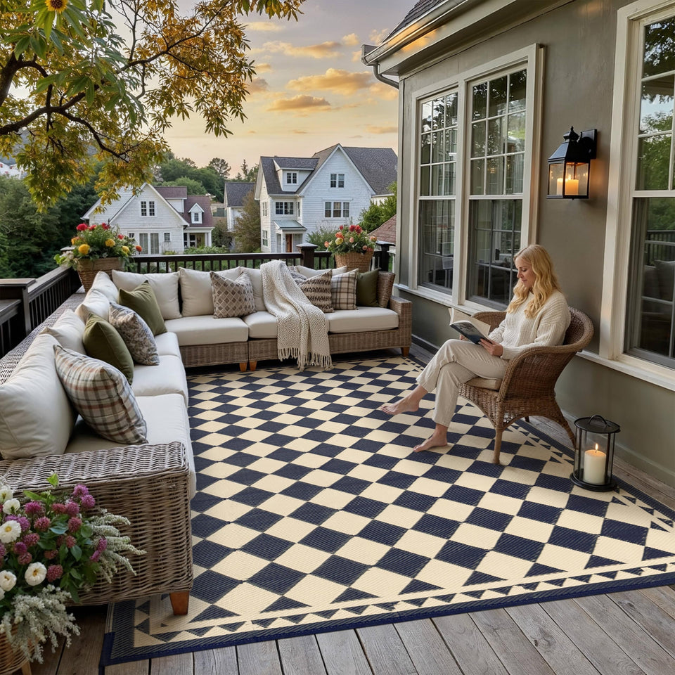 HUGEAR outdoor rug beige plaid for patios and decks, stylish and functional.