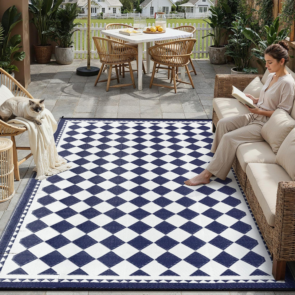 HUGEAR outdoor rug 5x8 blue plaid for patios and decks