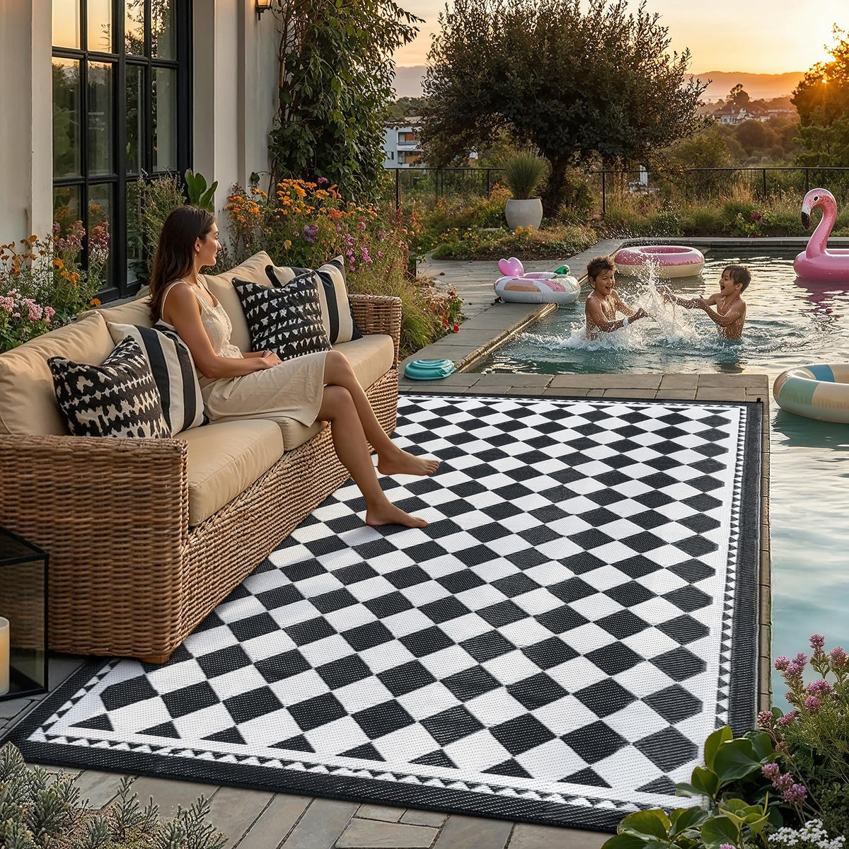 HUGEAR outdoor rug 6x9 in black and white plaid, waterproof for decks and patios.