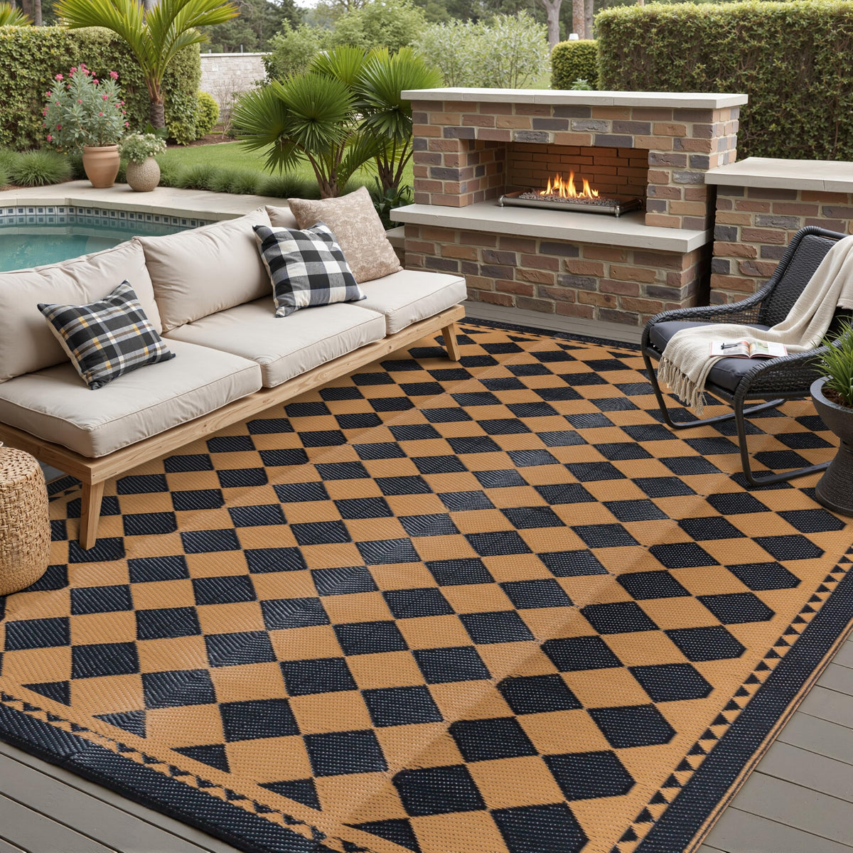 HUGEAR outdoor rug 6x9 brown plaid, weatherproof for patios and decks