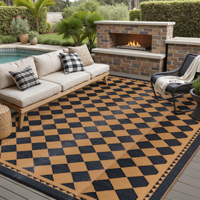 HUGEAR outdoor rug 6x9 brown plaid, weatherproof for patios and decks