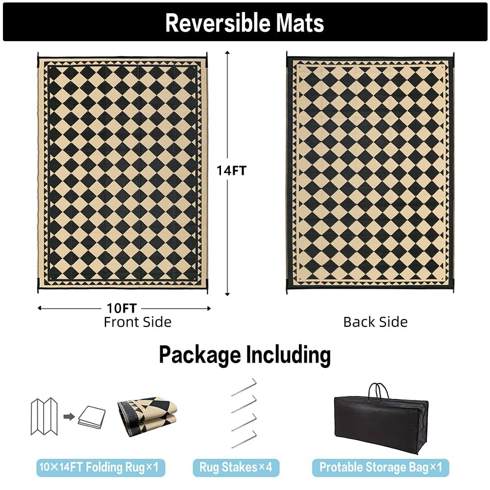 HUGEAR beige-plaid reversible rug offers versatile outdoor styling options.