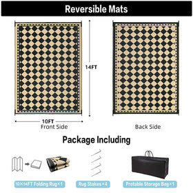 HUGEAR beige-plaid reversible rug offers versatile outdoor styling options.