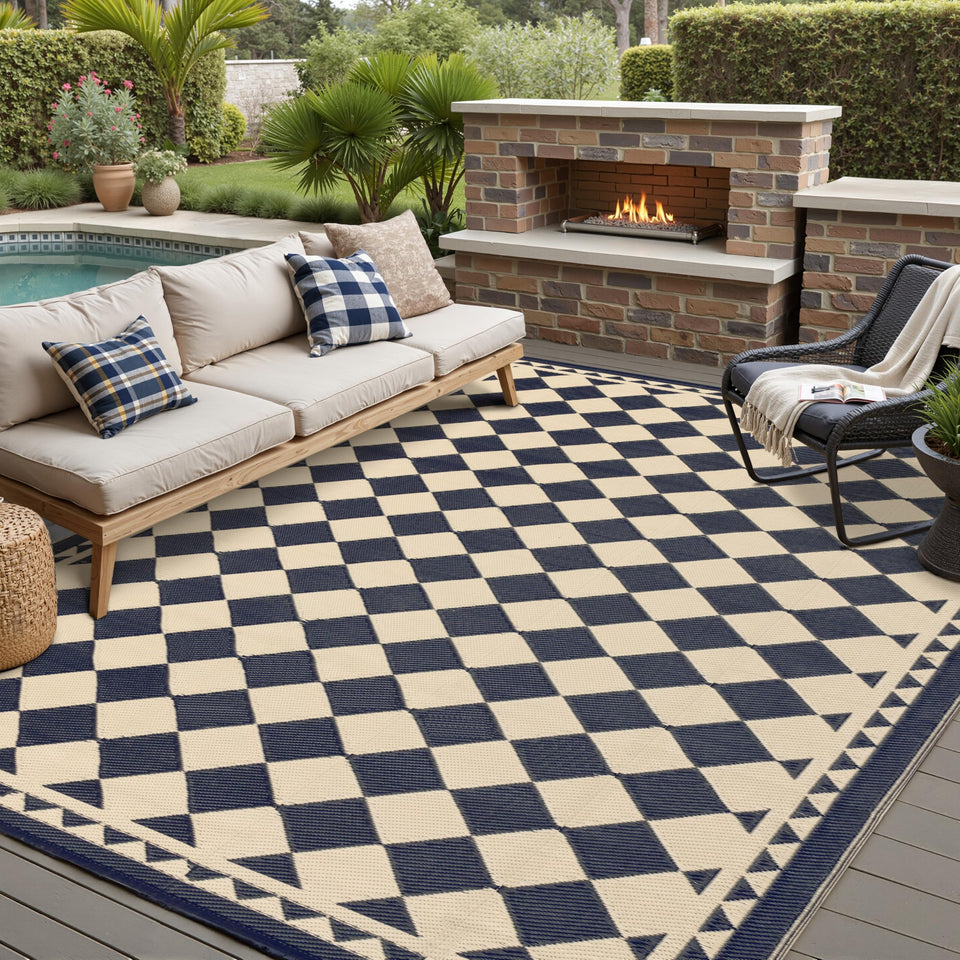 HUGEAR outdoor waterproof rug 10x14 in beige-plaid; durable, all-weather use.