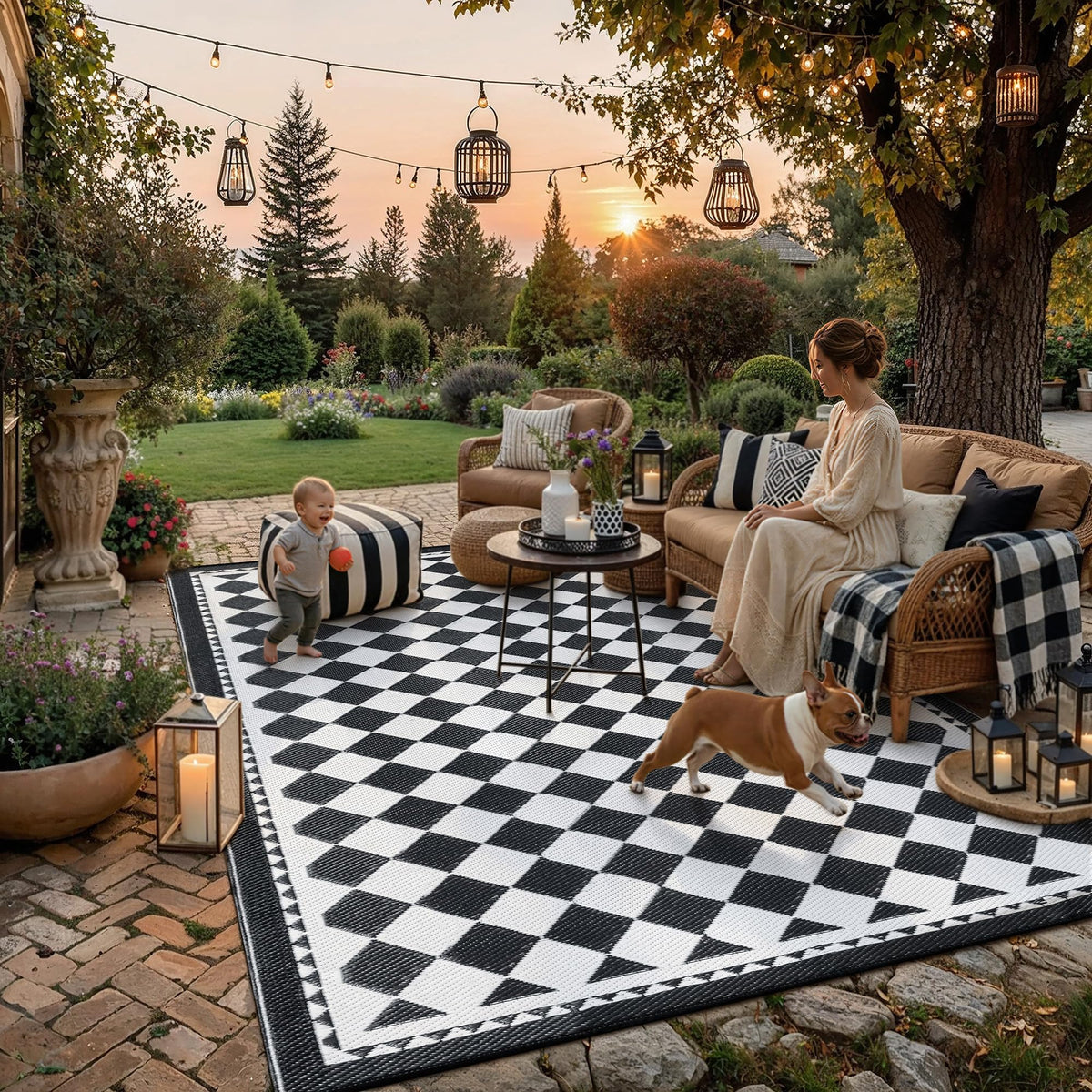 HUGEAR outdoor waterproof rug 8x10 front view showcases durable plaid design for patios.