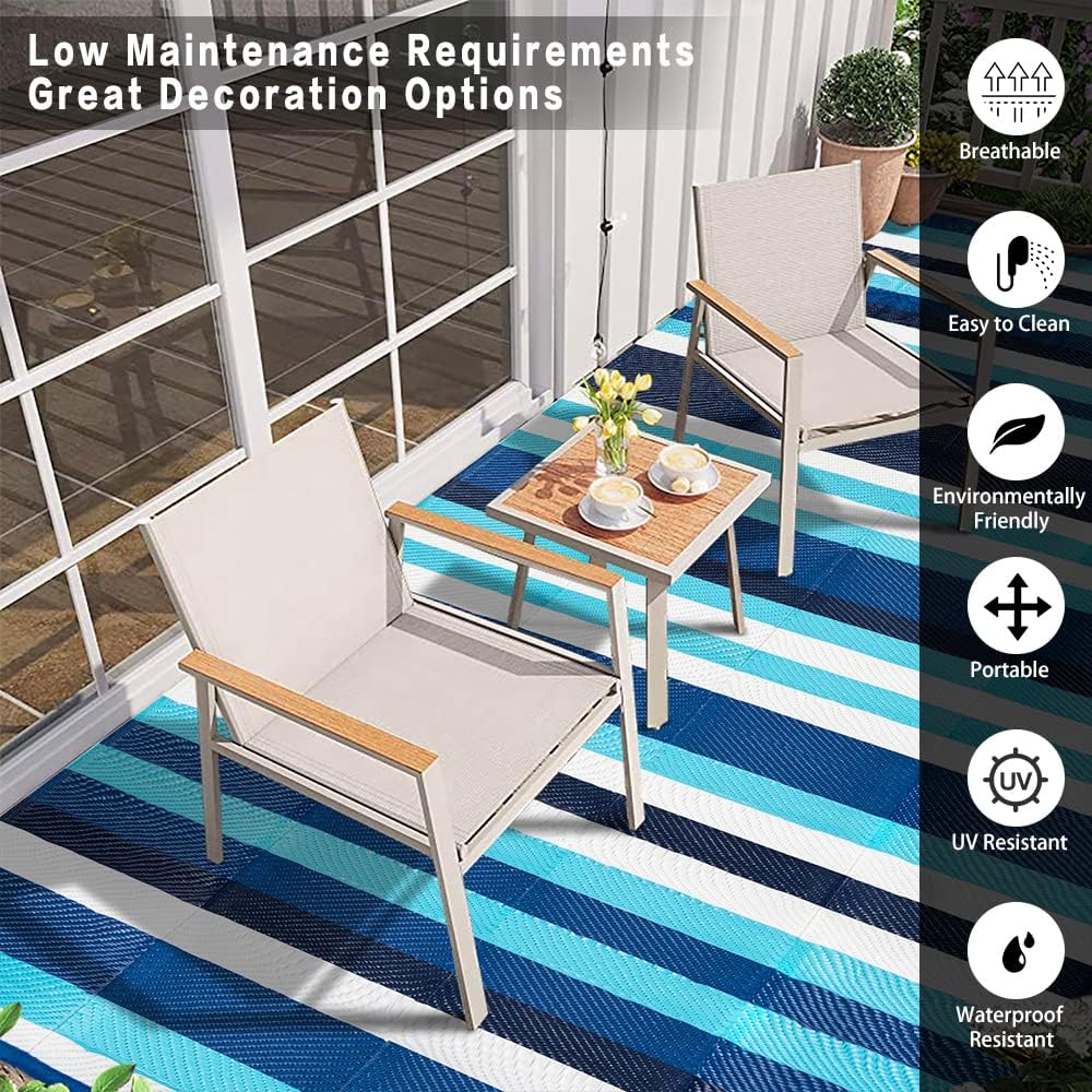 HUGEAR reversible stripe blue/white rug offers two looks for outdoor seating.